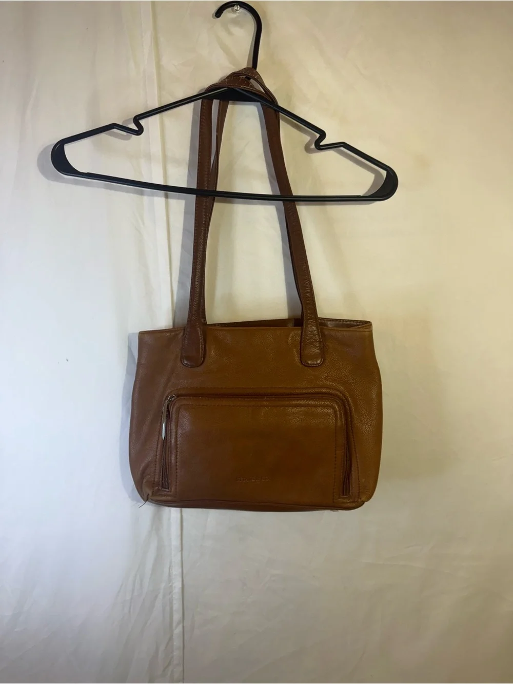 Tan Leather Shoulder Bag with Front Zip Pocket